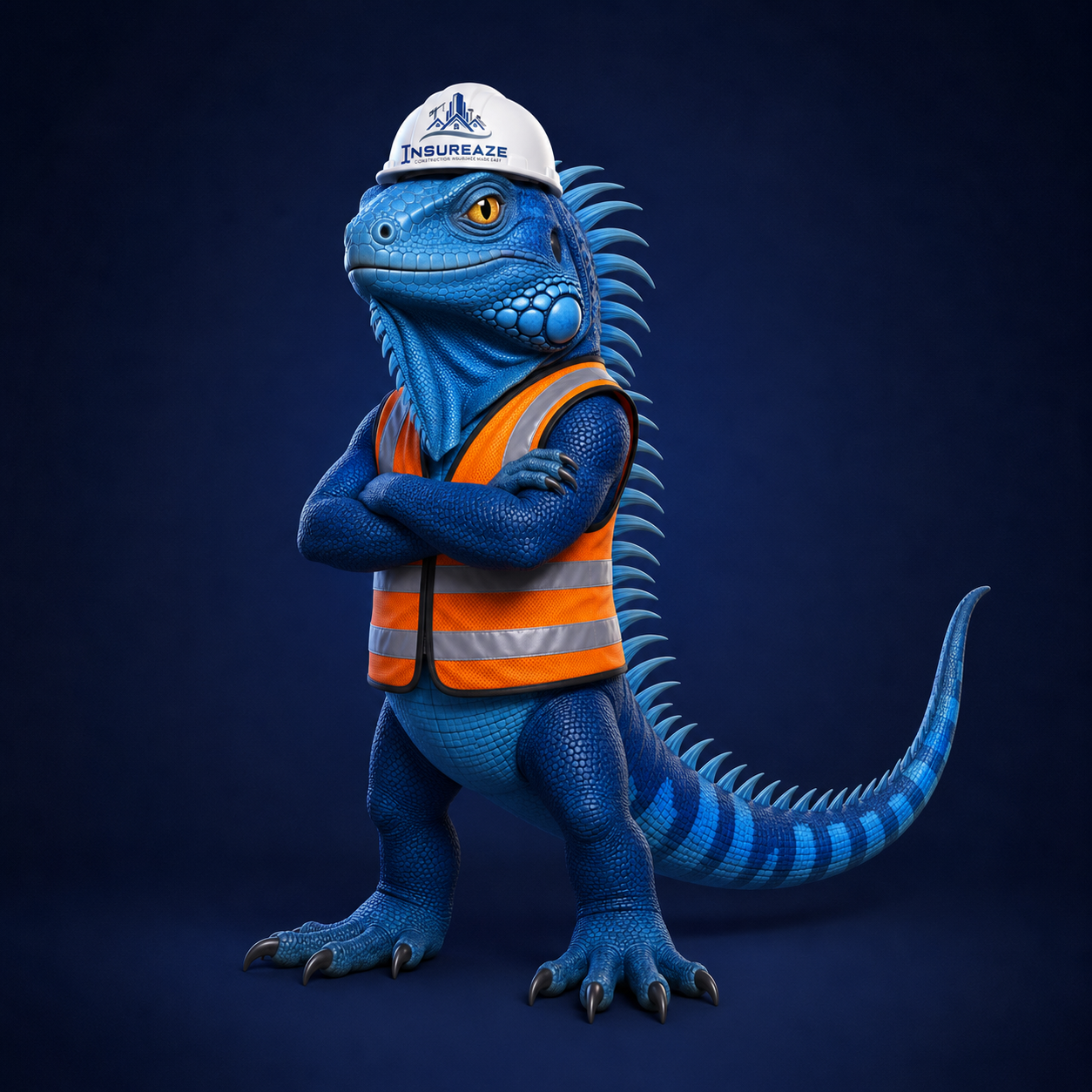Izzy, the friendly Insureaze mascot in a hard hat and hi-vis vest